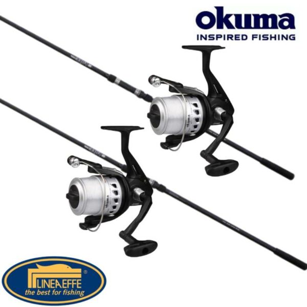 COMBO 2 CAÑAS LINEAFFE FREECARP 12 PIES 3LB+ 2 CARRETE OKUMA ELECTRON 165