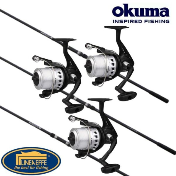 COMBO 3 CAÑAS LINEAFFE FREECARP 12 PIES 3LB+ 3 CARRETE OKUMA ELECTRON 165